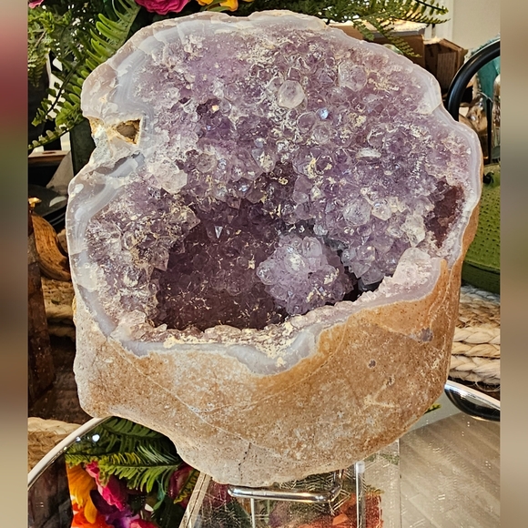 Amethyst Geode With Flower Formation Within Cave And Blue Agate Banding - Picture 6 of 12